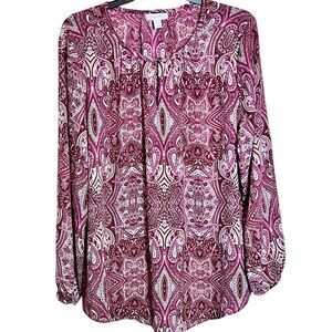 Charter Club Long Sleeve Top Size XL Maroon And White Paisley Pullover Pleated